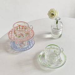 Yickyue Creative Coffee Cup Saucer Set Korean Cups Hand-Painted Plant Flower Coffee Mug Home Kitchen Drinkingware Espresso Cups