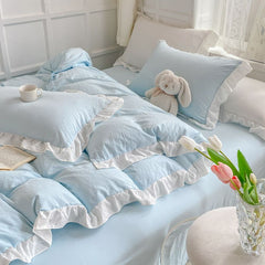 Yickyue Korean Princess Style Duvet Cover Set No Filling Pink Blue Soft Washed Cotton Girls Favorite Ruffles Bed Linen Pillowcases