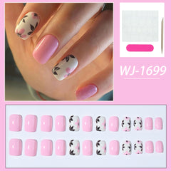 YICKYUE   -  24pcs Short square nail, printed, flowers leaves, simple，press nails, women and girls can be reused，Nail Art For DIY Daily Work,