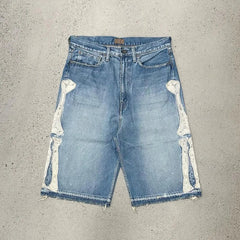 Hearujoy  90s Streetwear Y2K Street New Fashion Skeleton Embroidery Loose Shorts Men Retro Harajuku Pop Hip Hop Gothic High Waist Sports Denim Shorts