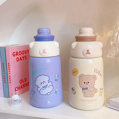 Cute Bear Large Thermos Bottle Insulated Stainless Steel Cup Thermal Tea Travel Hot Water Bottle With Straw 3D Sticker Strap