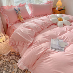Yickyue New Korean Princess Style Bedding Set For Girls Solid Color Exquisite Ruffle Lace Pink Bed Skirt Duvet Cover Queen Pillow Case