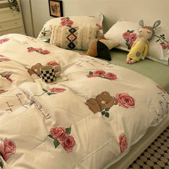 YICKYUE  -  INS Pink Rose Bear Bedding Set Duvet Cover Soft Home Textile Queen Size Flat Bed Sheet Quilt Cover Floral Pillowcase Kawaii