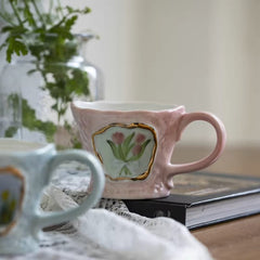 YICKYUE  -  Retro Irregular Ceramic Mug, Hand-painted, Oil Painting Style, Coffee Breakfast Cup, Birthday Gift, Drink Set
