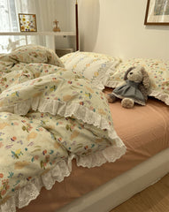 YICKYUE  Sweet cute flower rabbit bedding set,twin full queen floral fairyfair lace cotton home textile bed sheet pillow case quilt cover