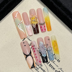 YICKYUE  -  10pcs Handmade Press on Nails INS 3d Carved Flowers False Nails Wearable Detachable Full Cover Leopard Print False Nail Tips
