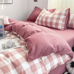 Yickyue Bedding Set Washed Cotton Yarn-dyed Plaid Unprinted Style Four-piece Set Solid Color Double-matching Brushed Quilt Cover Linens