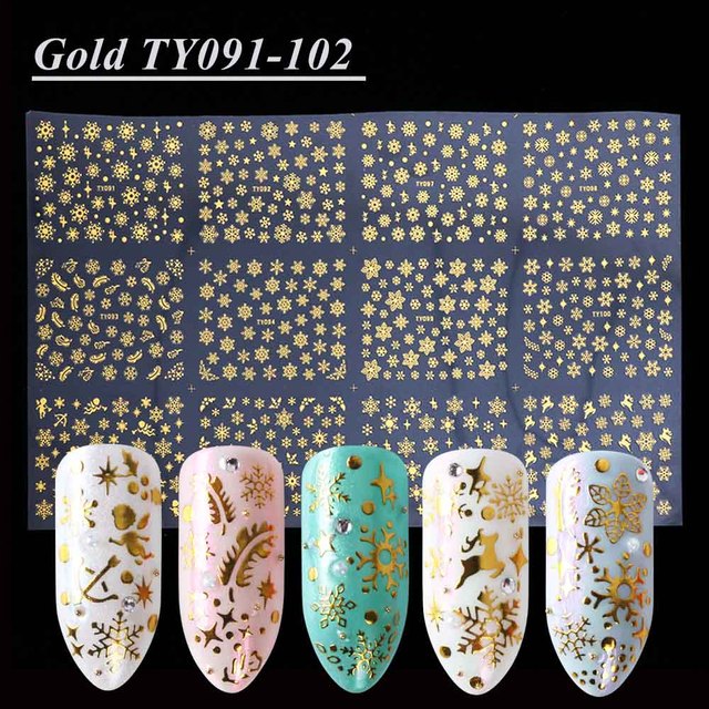 12pcs Gold Silver Christmas Stickers For Nails Winter Snowflake Adhesive Decals New Year Nail Art Decoration Slider LATY/SMY-1