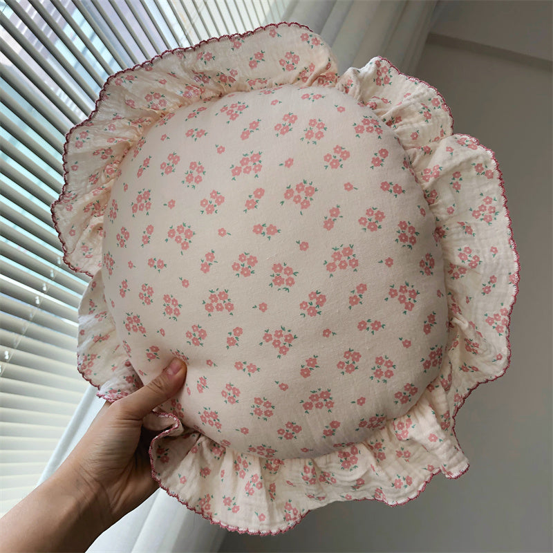 YICKYUE  -  Nordic Style Cotton Ruffled Pillow Small Fresh Floral Sweet Ruffles Chair Cushion Stuffed Home Sofa Bed Car Waist Pillow Decor