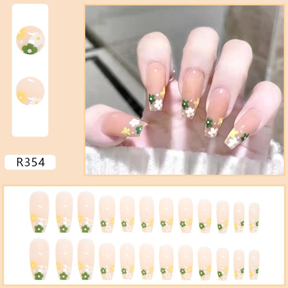Fake Nail Coffin Shape 24pcs Floral Nail Tips Design Sweet Full Cover Nail Tips Elegant Fingernails Stickers Free Shipping Items