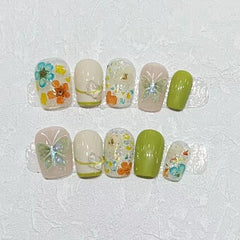 YICKYUE  -  10Pcs Gradient Green Pink Fake Nails Natural Gentle False Nails Wearable Short Coffin Nail Tips Sequin Line Press on False Nails