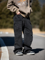 Hearujoy Men's Solid Cargo Pants With Multi Pockets, Causal Cotton Blend Trousers For Outdoor Activities K-pop