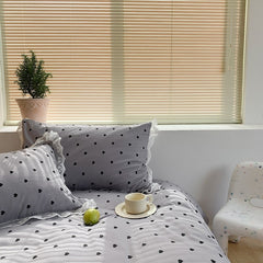 Yickyue Girls Bedding Set Reversible Gray White Heart print Duvet Cover Set 100%Cotton Lace 4Pcs Bedding Queen Twin Ultra Soft bed sheet