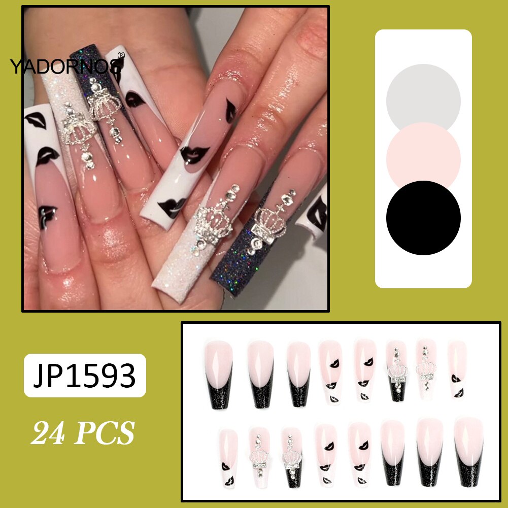 24PCS Long Press on Nails Cute Black Lip Print Full Coverage Artificial Nails Finished Nail Piece 24PCS Best Gifts Fake Nails TY