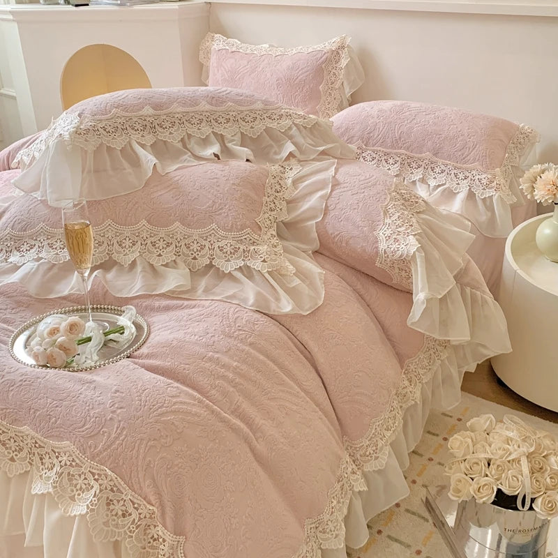 YICKYUE  -  Vintage French Double Layer Lace Ruffles Carved Velvet Bedding Set, Furry Warm Duvet Cover, Flat/Fitted Bed Sheet, Pillowcases