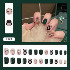 24pcs/box Fake Nails Press on Short Reusable Nails Set Dark Green Artificial Pink False Tipsy Stick-on Nails Tips Art