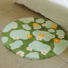 YICKYUE  -  Green Moss Daisy Round Rug Aesthetic Home Soft Carpet Kids Room Non-Slip Computer Chair Floor Mats Thick Tufted Rug Bedroom