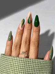 YICKYUE  -  24pcs/ set short almond nail main color blue-green leaf wave press nail nail nail patch Fake nail wear nail suitable for women