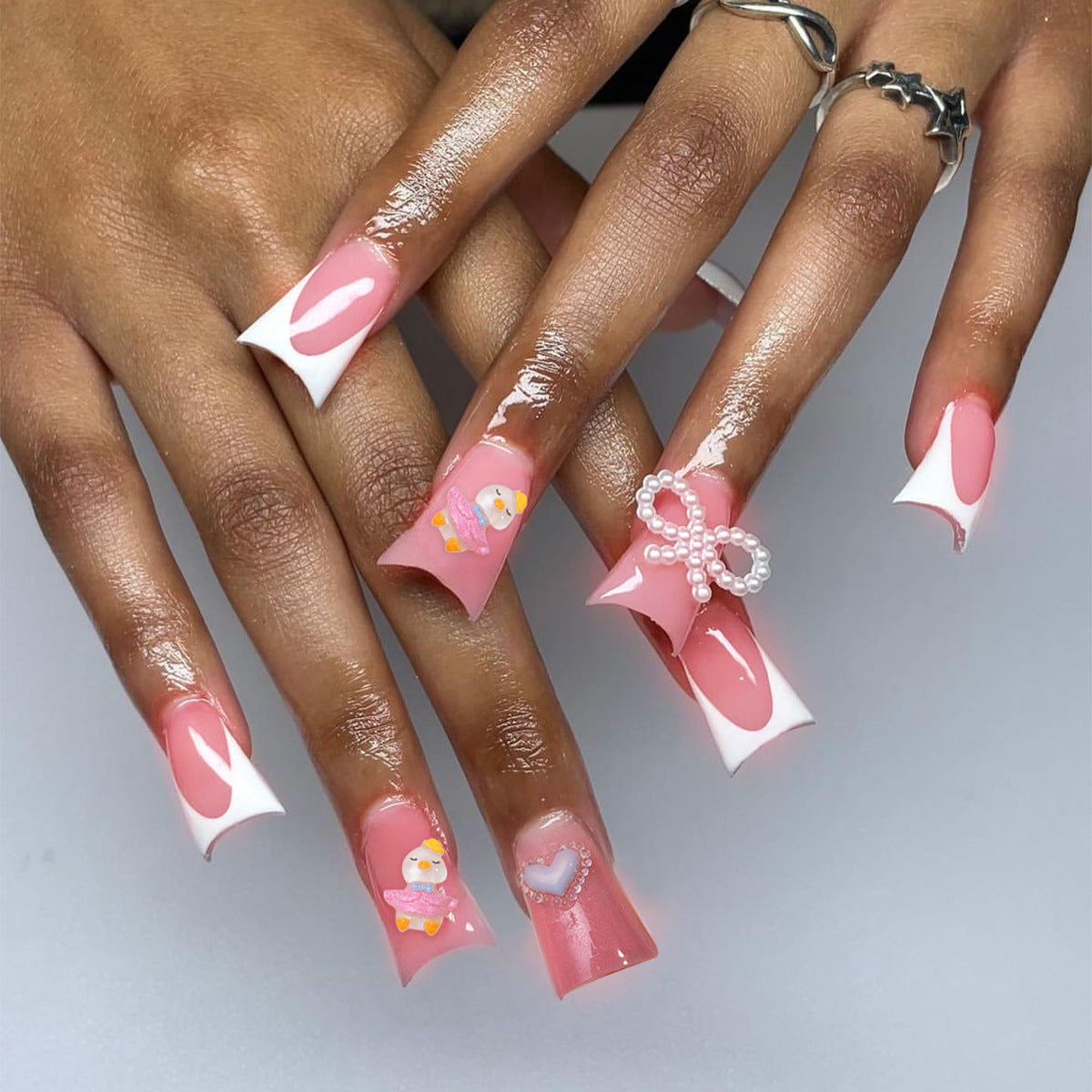 YICKYUE  -  3D White Bow Fake Nails White Ribbon Design False Nails Duckbill shaped Press on Nail tips Korean Sweet Artificial Nail patches