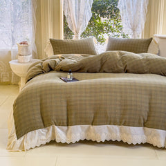 YICKYUE  -  2025 Korean Vintage Lace Bedding Set - 4PC Checkered Cotton w/ Romantic Trim | Barefoot Sleep Collection