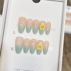 YICKYUE  -  10pcs Handmade Elegant and Fresh Yellow Green Gradient Painted Egg Flower Design French Oval Fake Nails Wearable Nails for Girls