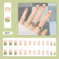 Yickyue 24Pcs False Nails Fake Nails Press on Nails The Butterfly Flowers Love Cool The Butterfly Wine Red Shading Grid Texture Square