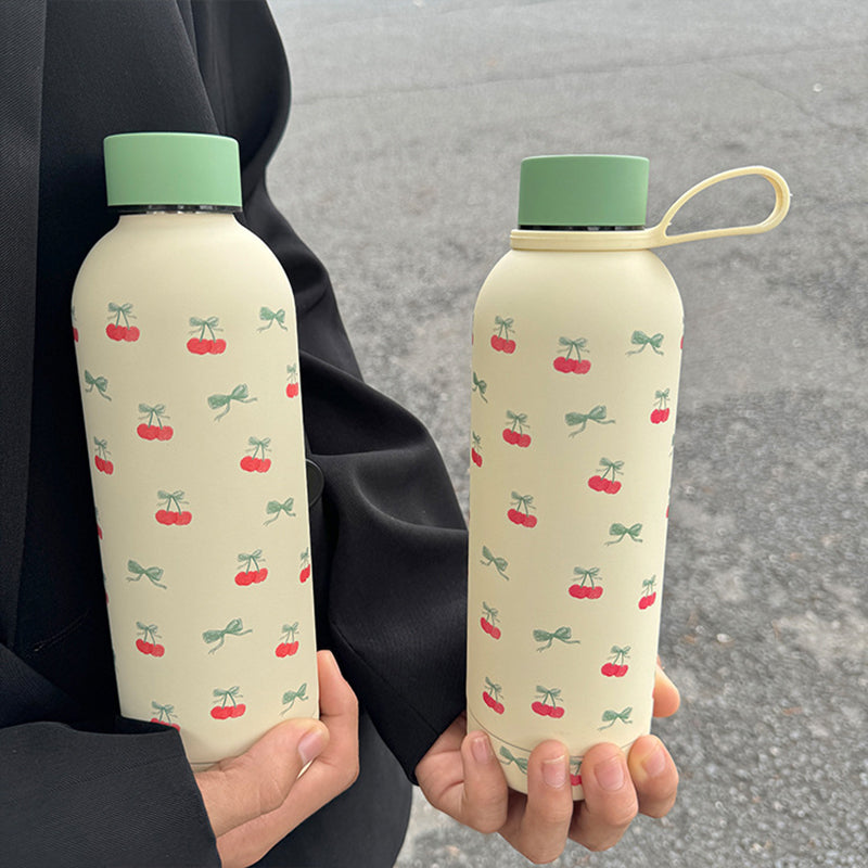 YICKYUE  -  Kawaii Cherry Thermos Bottle With Handle Coffee Cup 500ml Stainless Steel Tumbler Cute Travel Gym Scool Water Bottle For Girl