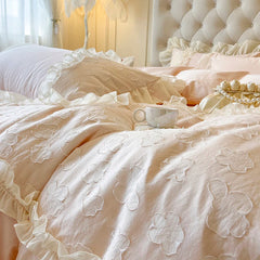 YICKYUE  -  100% Cotton Chiffon Lace Ruffles Bedding Set Korean Style Pink Princess Embroidery Duvet Cover Fitted Bed Sheet Pillowcases