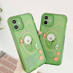 Green silicone phone case for iphone 11 12 mini pro max 7 8 plus se 20 x xr xsmax butterfly tulip flower cute cover capa
