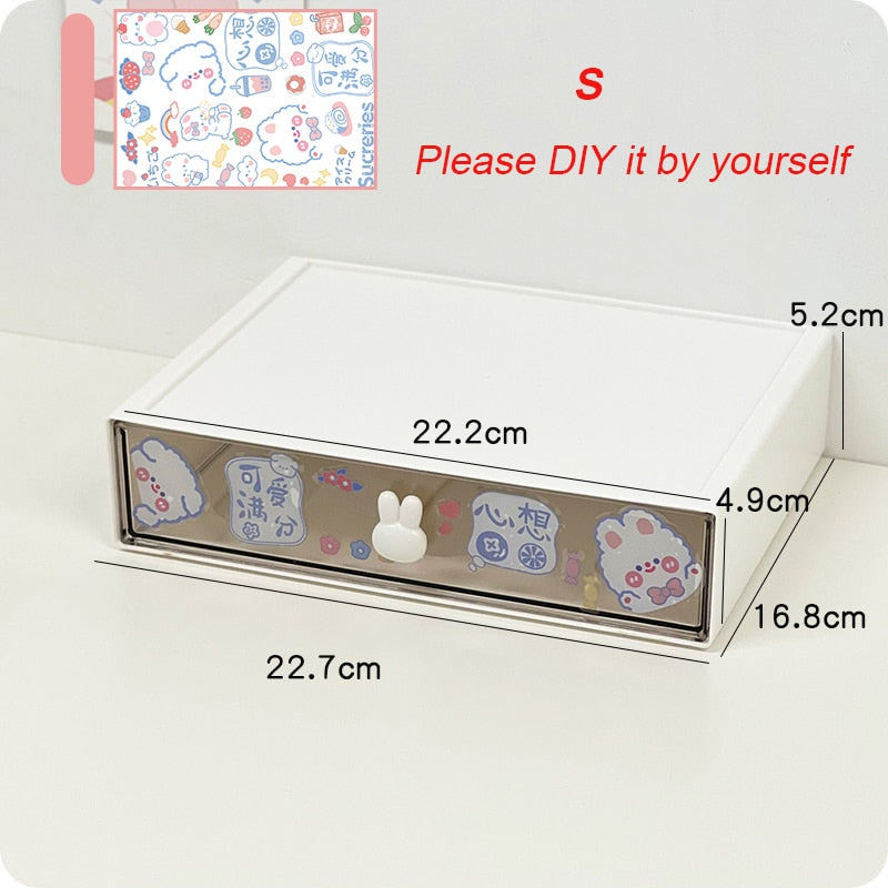 Yickyue Kawaii Desk Organizer Drawer With Sticker Cute Plastic Clear Organizing Boxes Stationery Storage Box Container For  Home School