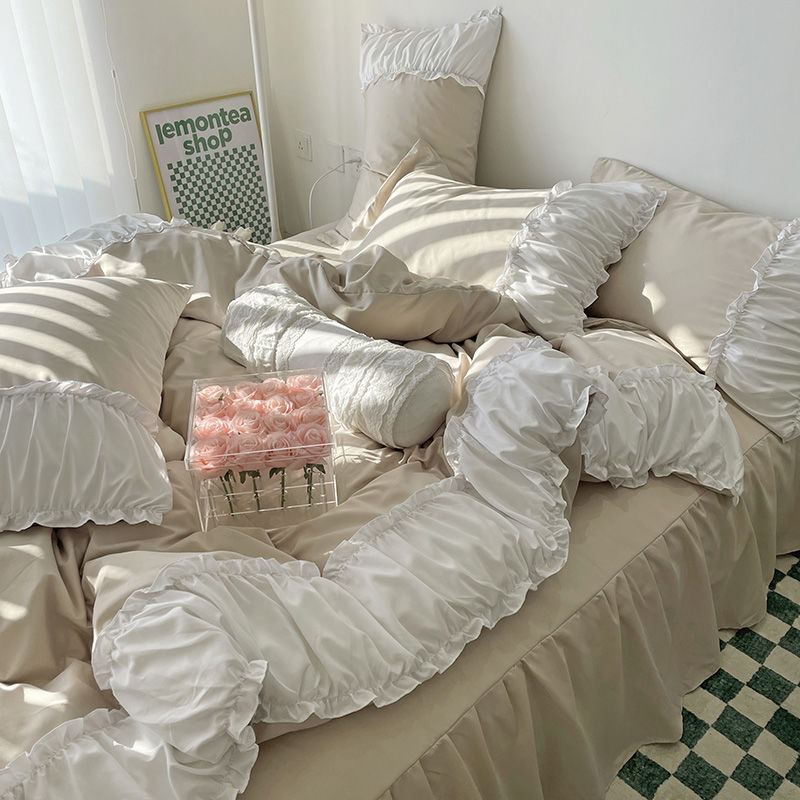 YICKYUE  -  Princess Style Pleated Lace Autumn and Winter Caramel Color Four-piece Bedding Set Quilt Cover Bed Sheet Bed Skirt Bed Sheet
