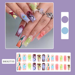 YICKYUE  -  24PCS Long Ballet y2k Nail with 3D Water Stripe Decor Coffin Reusable Adhesive False Nails Wearable Colorful Fake Nails Press On