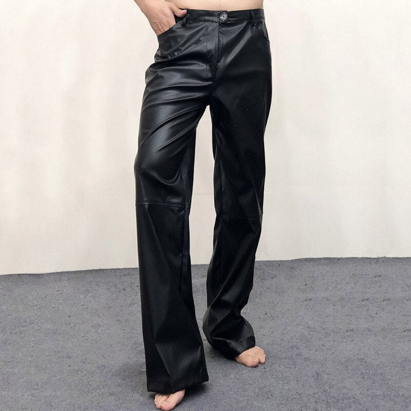 YICKYUE  -  Classic Men Straight Tube Loose Fitting Casual Leather Pants High Quality Nightclub Men DS Costumes PU Pants Pantalon Homme Slim