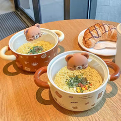 YICKYUE  -  Kawaii Bear Jumbo Ramen Bowl With Lid Kitchen Tableware Cute Japanese Ceramics Instant Noodles Fruit Salad Soup Bowl Gift 750ml