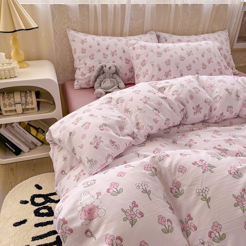 YICKYUE  -  Skin-friendly Naked Sleeping Double-layer Yarn Washed Cotton Bedding Four-piece Set Double Quilt Cover Bedding Set for Home