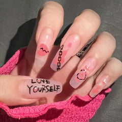 24pcs Long Coffin Head Fake Nail Tip Artificial Nail Patch Pink Color with printed Women Wearable Full Finished Press on Nails