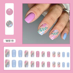 YICKYUE  -  Fresh Rose Red Light Blue Flower Leaves Solid Color Glitter Powder Full Square False Fake Art Nails Tips Press on Glue Manicure