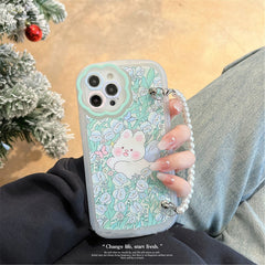Cute Bear Bunny Rabbit Flower Pearl Bracelet Chain Phone Case For iPhone 13 12 11 Pro XS Max X XR 7 8 Plus Kawaii Soft Cover