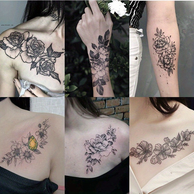 YICKYUE  -  12pcs Flower Tattoo Stickers Arm Chest Temporary Tattoo Waterproof Fake Tattoo