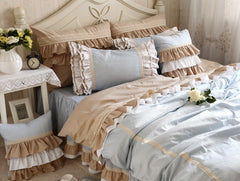 New Classic Blue Lace Bedding Set Flounces Lattice Block Process Princess Bedding Ruffle Duvet Cover Bedskirt Bed Sheet Sets
