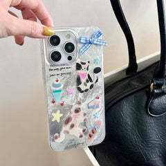 YICKYUE   -  Ins Cute Puppy Kitten Cartoon Phone Case for Iphone 14Pro 13 15Pro 14 15 12 Pro Max Shiny Glacier Summer Blue Check Bow Fundas