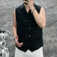 Hearujoy Summer Thin Men's Tank Top Sleeveless Shirts Fashion double-breasted Button Turndown Collar Cardigan Leisure Breathable Vest