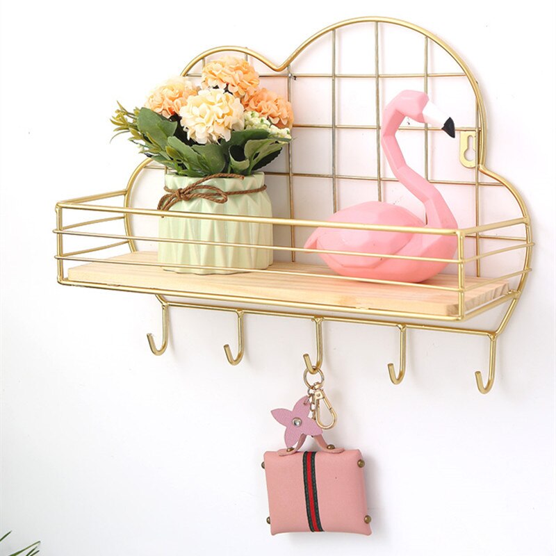 Nodic Creative Cloud Wall Hanger Wrought Iron Wall Mounted Home Decoration Bathroom Bedroom Wooden Storage Shelf Handbag Holder