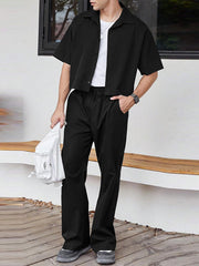 HEARUJOY  -  [Outdoor Suit with Drawstring Pants] INCERUN Men Casual Solid Turndown Collar Single Breasted Shirt with Elastic Waist Drawstring Design Straight Leg Pants Simple Outdoor Suit