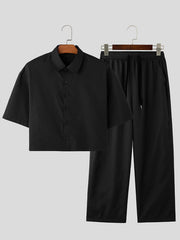 HEARUJOY  -  [Outdoor Suit with Drawstring Pants] INCERUN Men Casual Solid Turndown Collar Single Breasted Shirt with Elastic Waist Drawstring Design Straight Leg Pants Simple Outdoor Suit