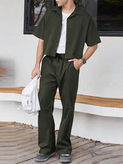 HEARUJOY  -  [Outdoor Suit with Drawstring Pants] INCERUN Men Casual Solid Turndown Collar Single Breasted Shirt with Elastic Waist Drawstring Design Straight Leg Pants Simple Outdoor Suit