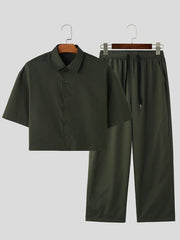 HEARUJOY  -  [Outdoor Suit with Drawstring Pants] INCERUN Men Casual Solid Turndown Collar Single Breasted Shirt with Elastic Waist Drawstring Design Straight Leg Pants Simple Outdoor Suit