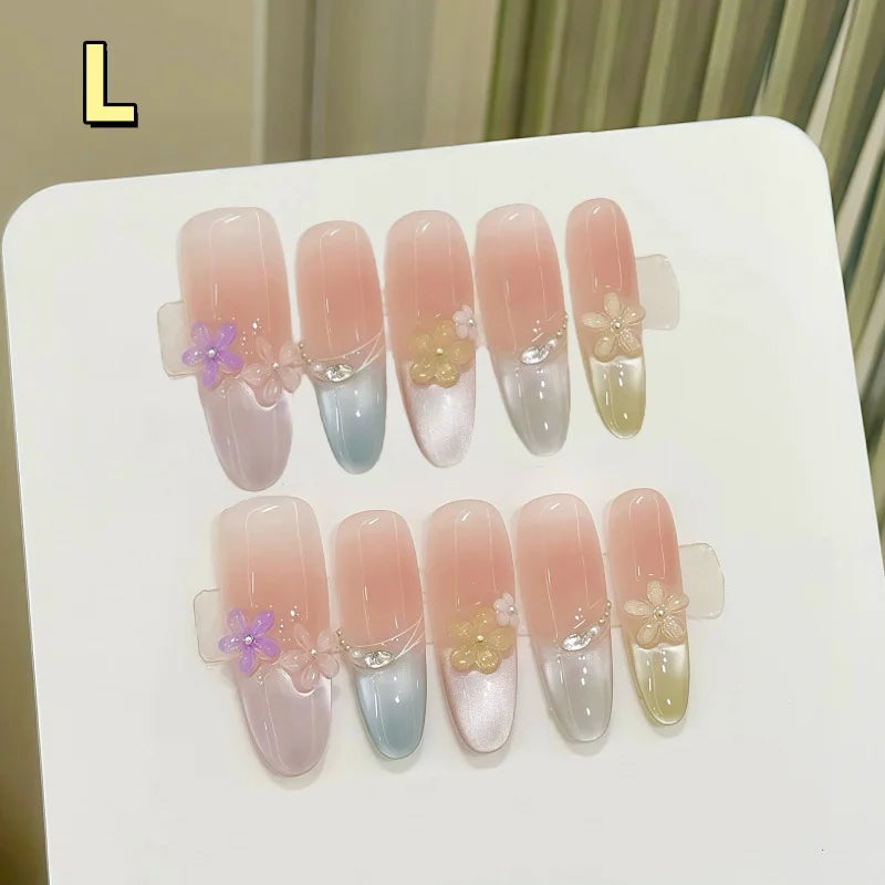 Yickyue  10Pcs Long Oval Handmade Press-On Nails Rainbow Cat-Eye Effect with 3D Flower Designs Perfect for Women&girls Daily Nail Wear