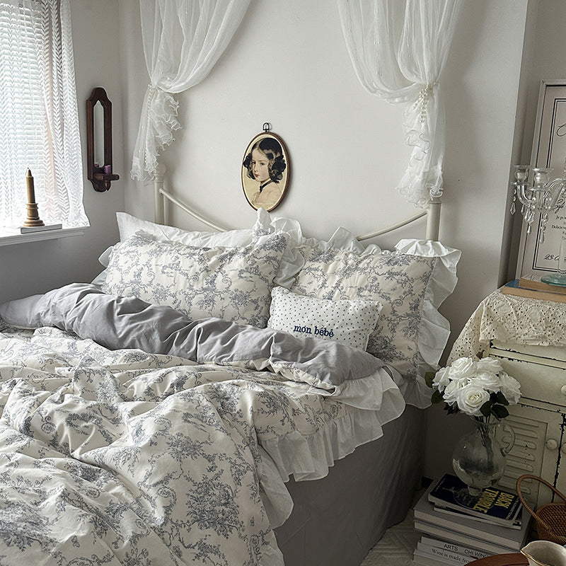 YICKYUE  -  French Romantic Ins Spring and Summer 60 Count Cotton Washed Cotton Four-piece Set Pure Cotton Princess Style Lace Quilt Cover Bed Sheet