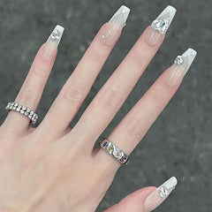 Yickyue 24Pcs Three-dimensional Love Heart False Nails with French Design Long Coffin Wearable Fake Nails Rhinestone Press on Nails Tips